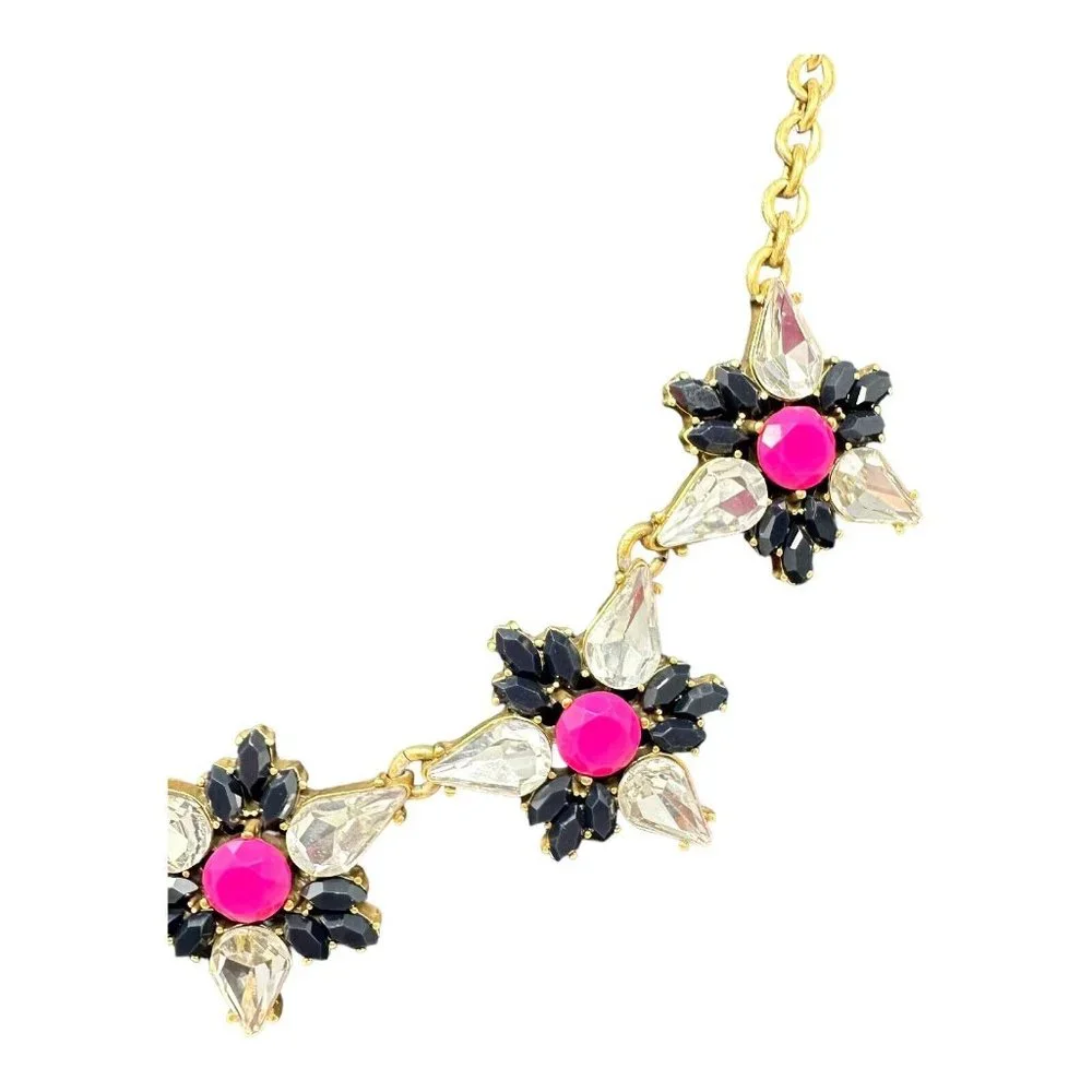 J.Crew Floral Flower Cluster Statement Necklace Pink Black Adjustable Gold Tone - Picture 4 of 11